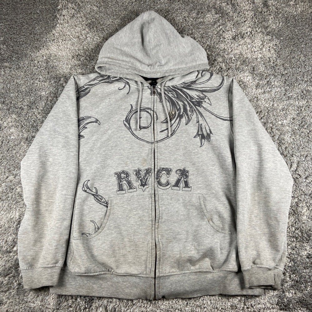 Vintage RVCA Hoodie Men XL Grey Full Zip Embroidered Skater Sweatshirt Y2K